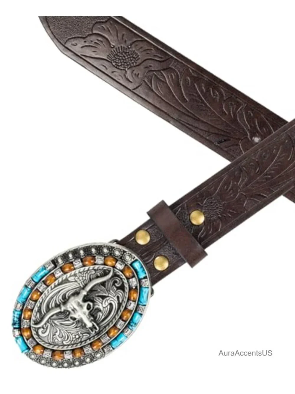 Women's Western Leather Belt with Turquoise Oval Buckle - Cowboy Cowgirl